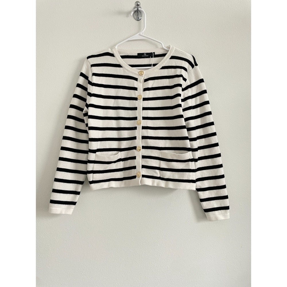 Lillusory Cardigan Sweater Women M Striped Button Minimalist Classic Knit Casual